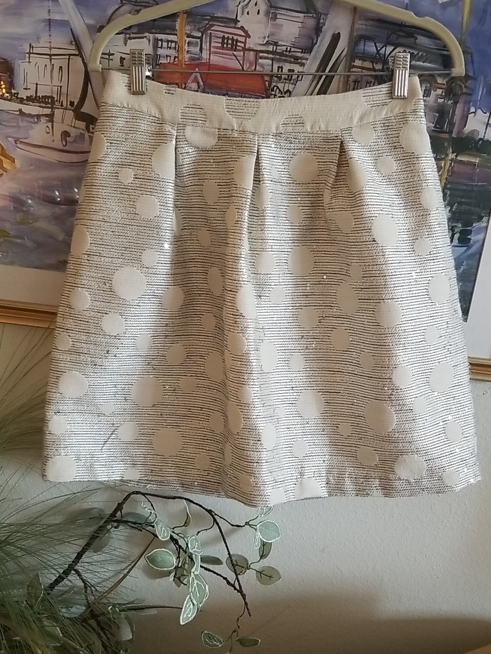 Anthropologie Cream Polka Dot A-Line Skirt